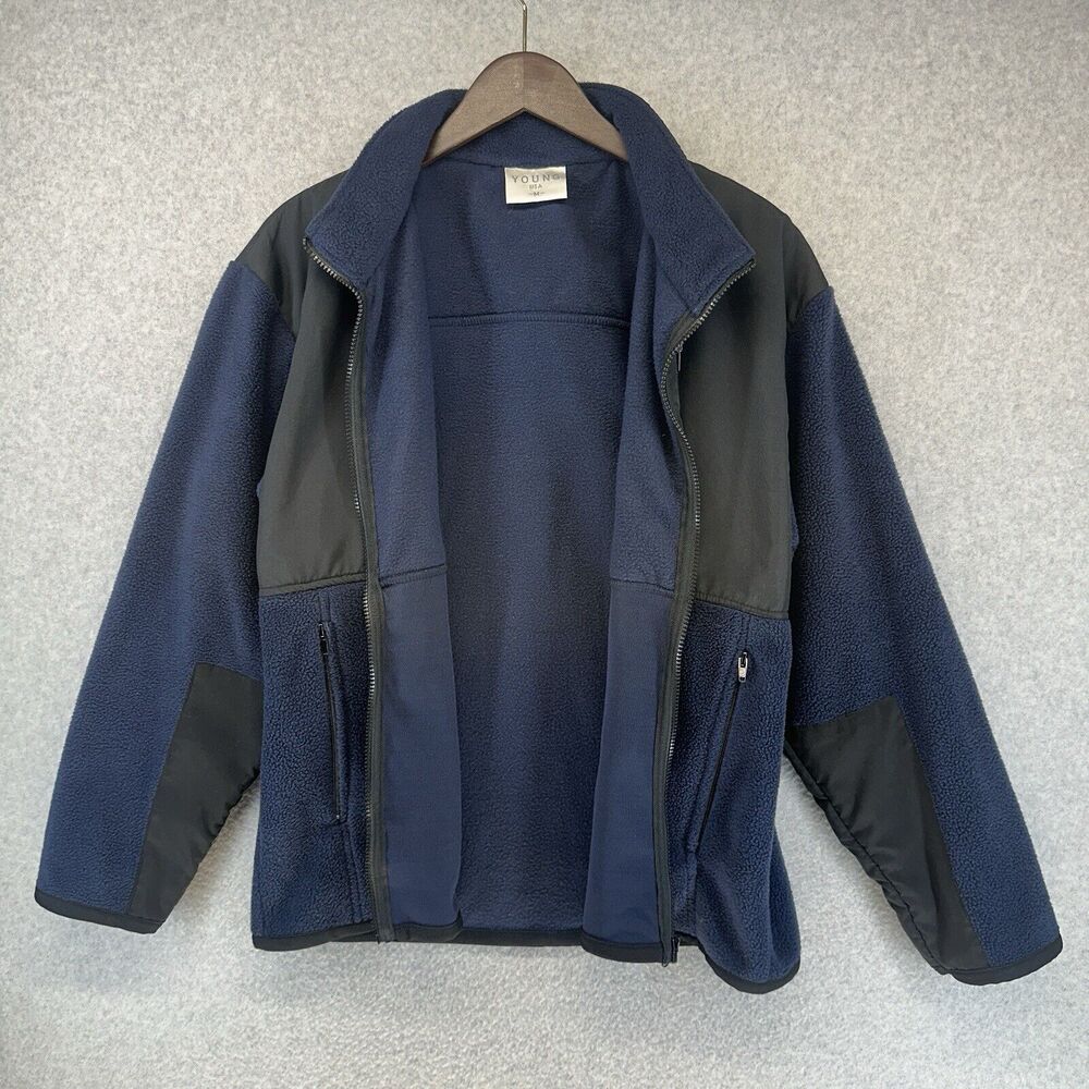 Young USA Mens Fleece Jacket Lightweight Black Blue Full Zip Zippered Pockets M - Picture 2 of 12
